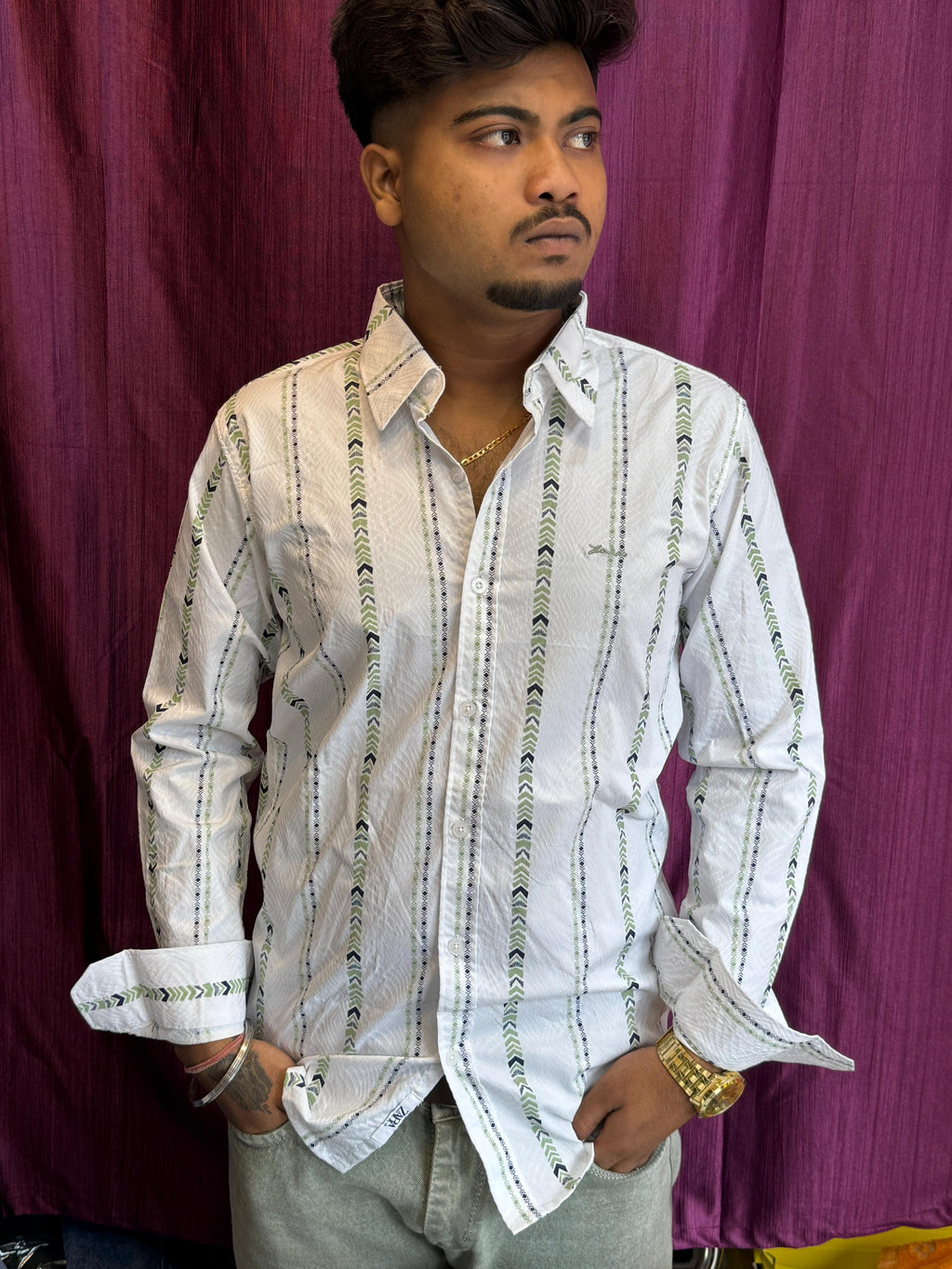 Elegant Men's White Striped Printed Cotton Blend Casual Shirt