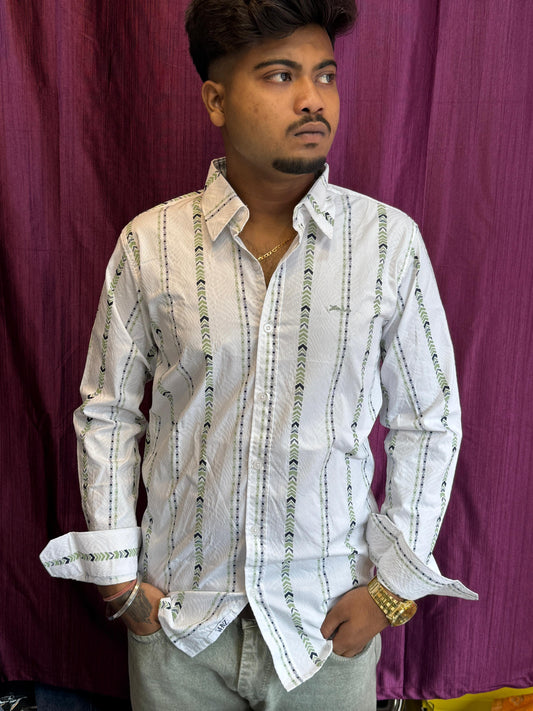 Elegant Men's White Striped Printed Cotton Blend Casual Shirt