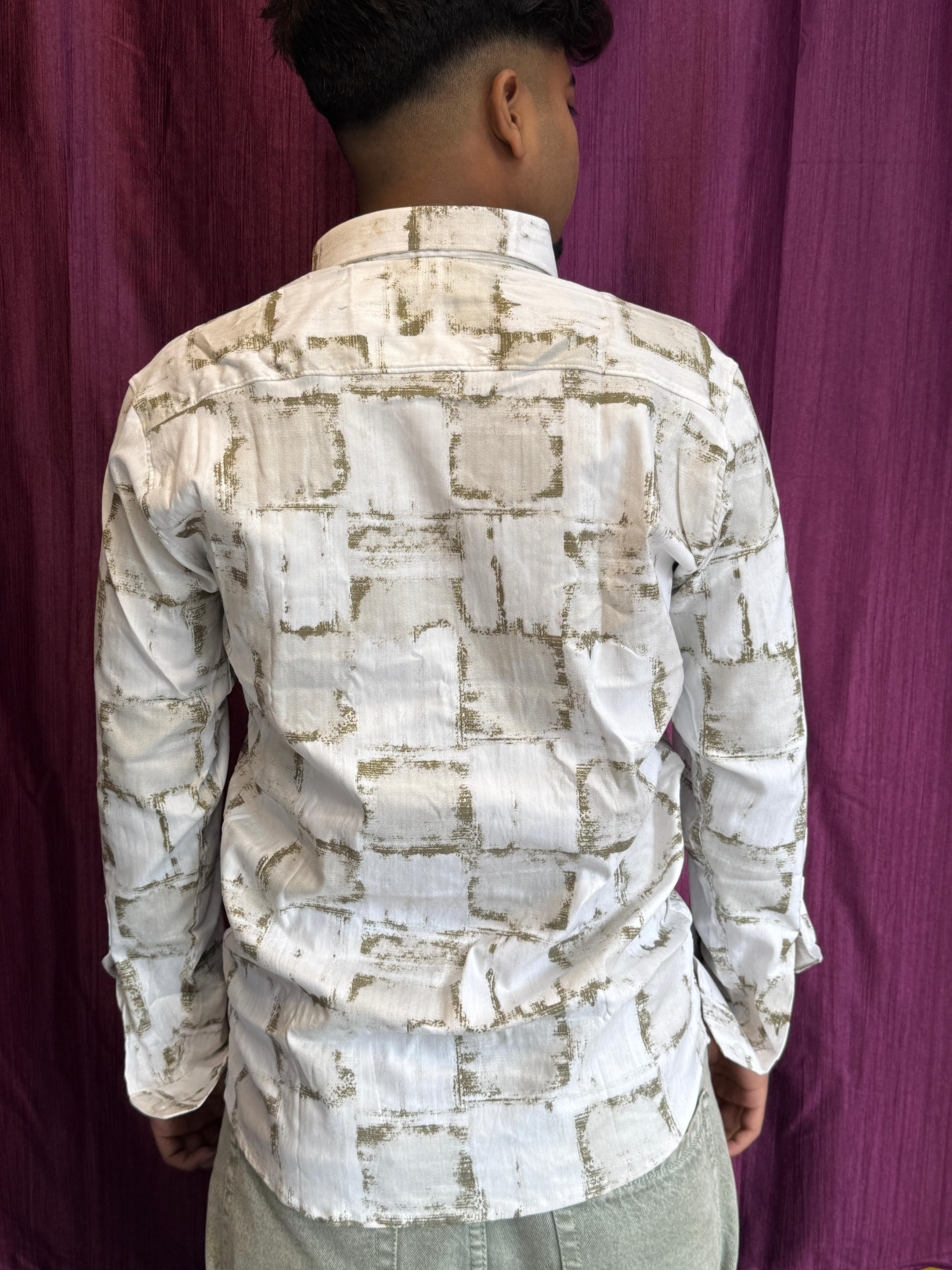 Stylish Men's White & Olive Abstract Printed Cotton Blend Shirt