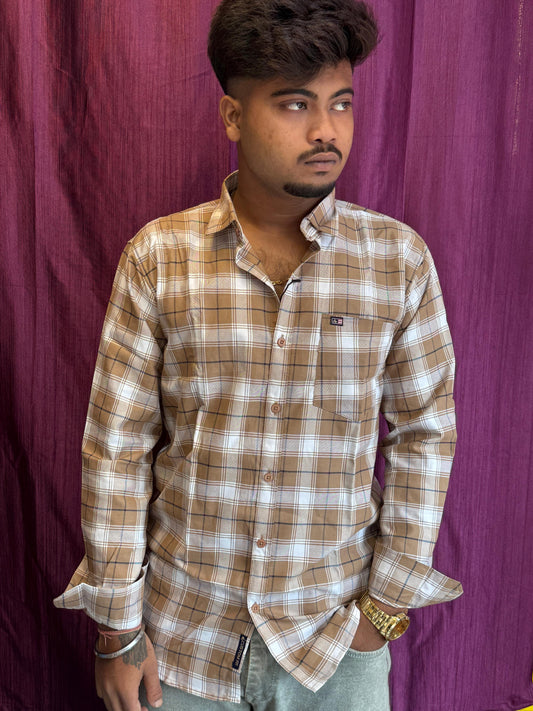 Men's Brown & White Checkered Casual Cotton Shirt – Full Sleeves