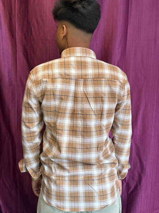 Men's Brown & White Checkered Casual Cotton Shirt – Full Sleeves