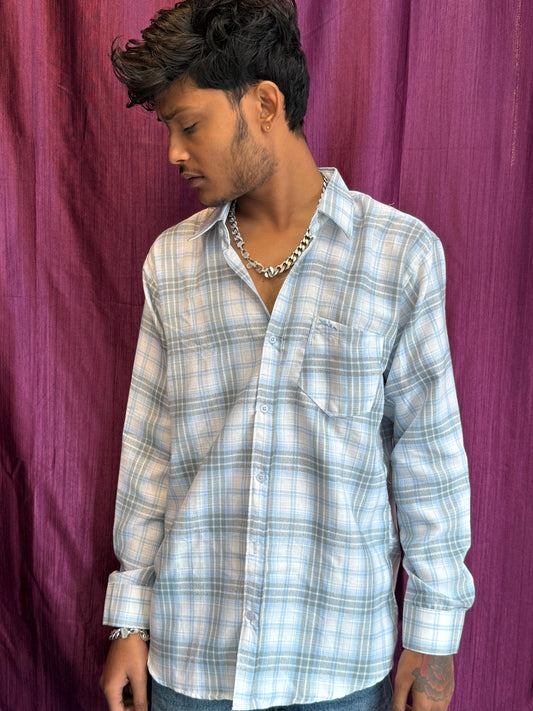 Men's Light Blue & Grey Checkered Cotton Casual Shirt – Full Sleeves