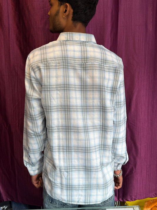 Men's Light Blue & Grey Checkered Cotton Casual Shirt – Full Sleeves