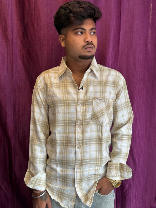 Elegant Men's Beige Checked Cotton Blend Casual Shirt