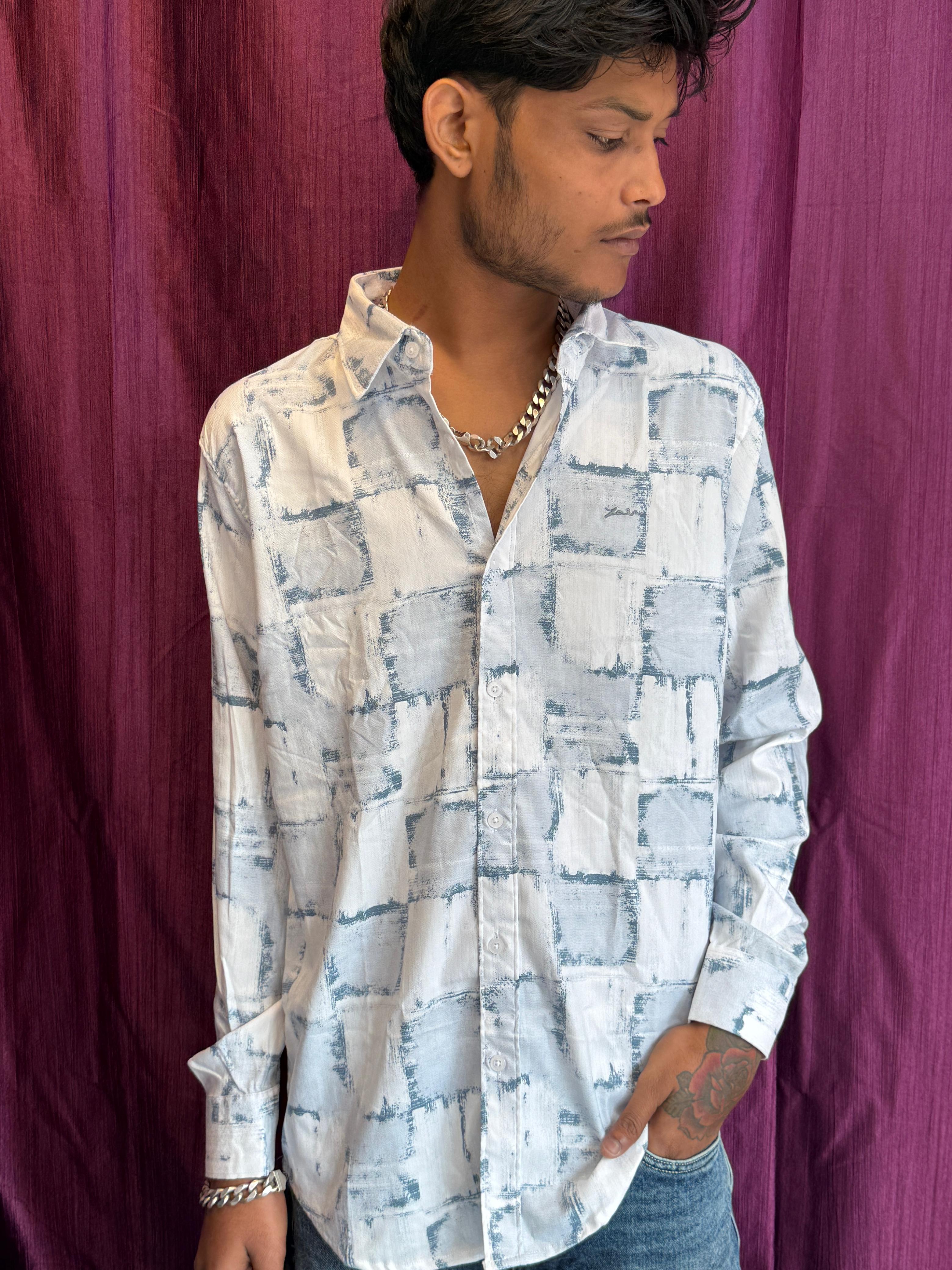 Trendy Men's White Abstract Printed Cotton Blend Shirt
