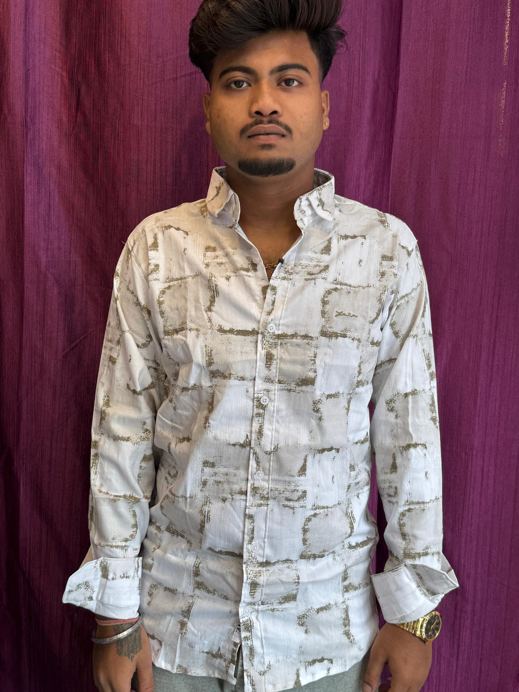 Stylish Men's White & Olive Abstract Printed Cotton Blend Shirt