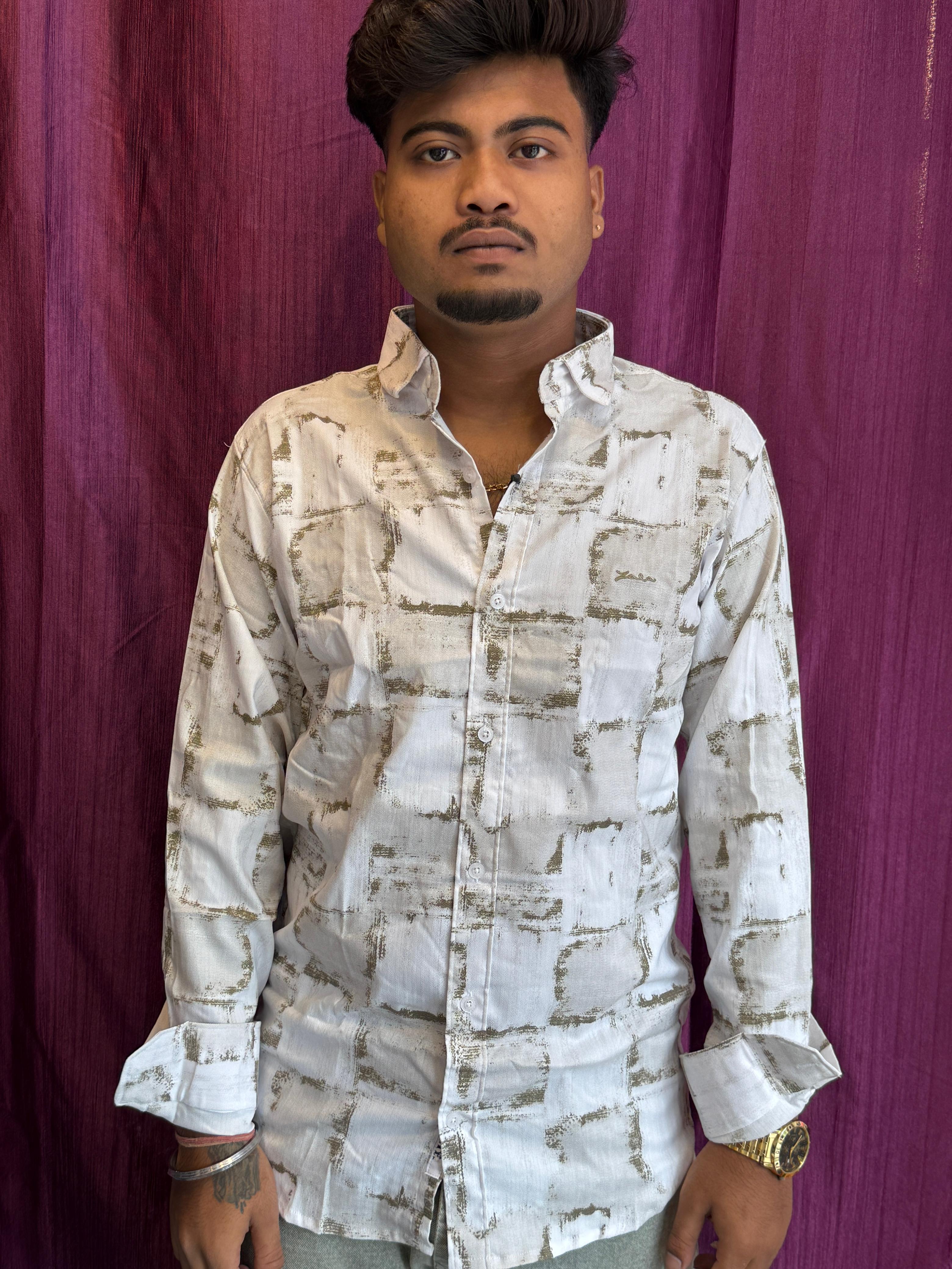 Stylish Men's White & Olive Abstract Printed Cotton Blend Shirt