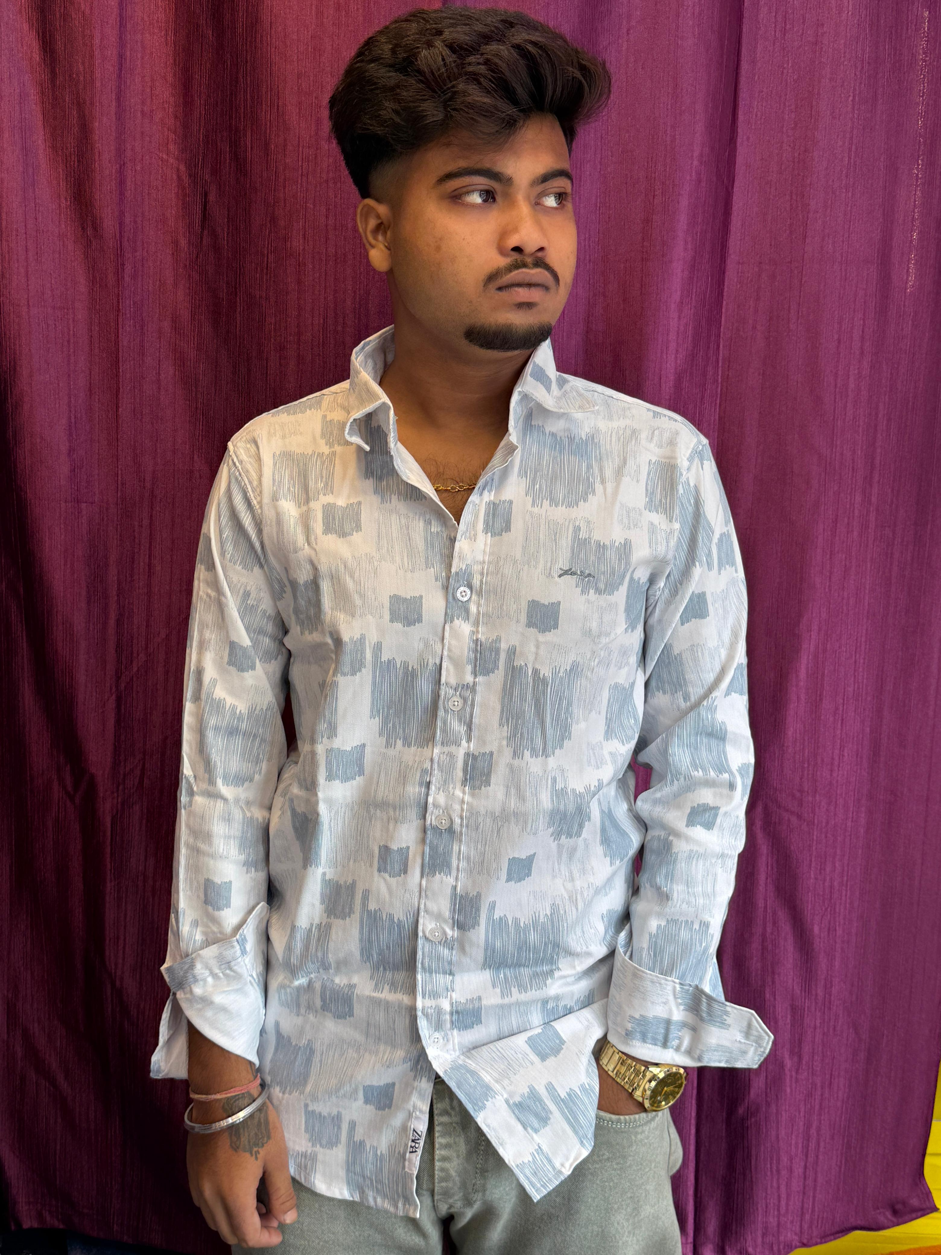 Trendy Men's Light Blue Brush Print Cotton Blend Casual Shirt