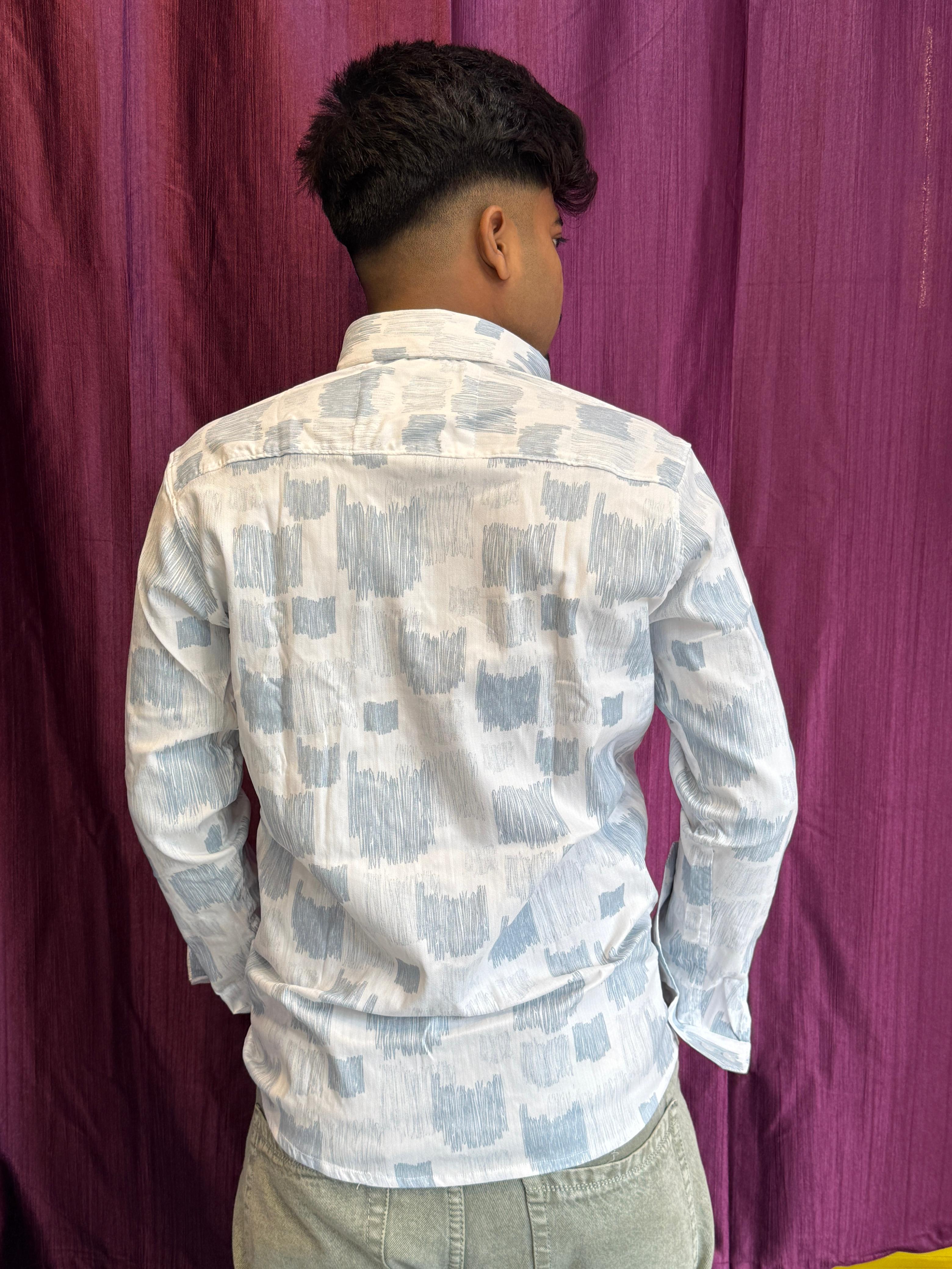 Trendy Men's Light Blue Brush Print Cotton Blend Casual Shirt