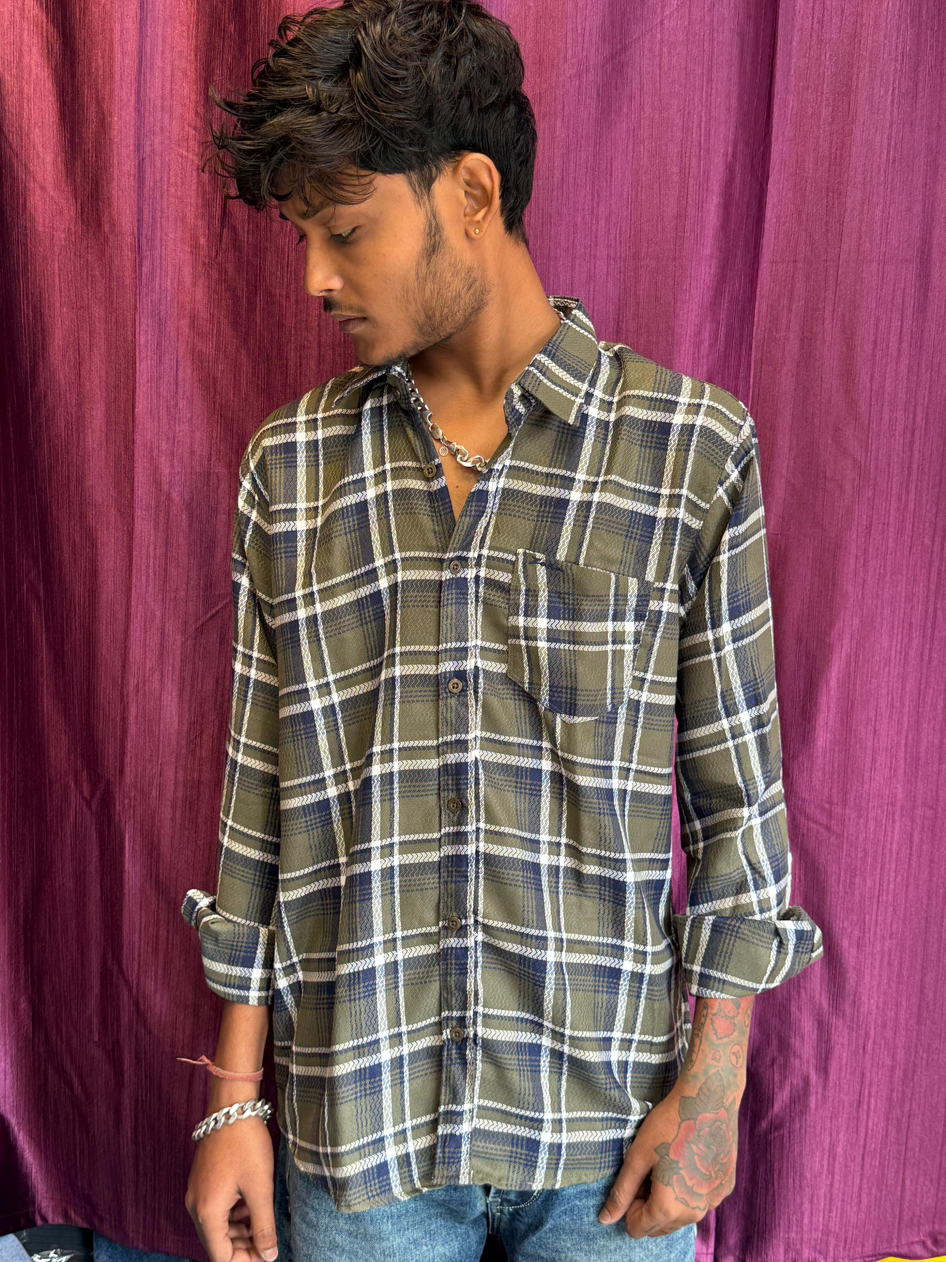 Trendy Men's Olive Green & Navy Checked Cotton Blend Shirt