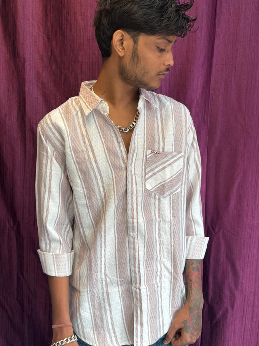 Elegant Men's White & Pink Geometric Stripe Printed Cotton Blend Shirt