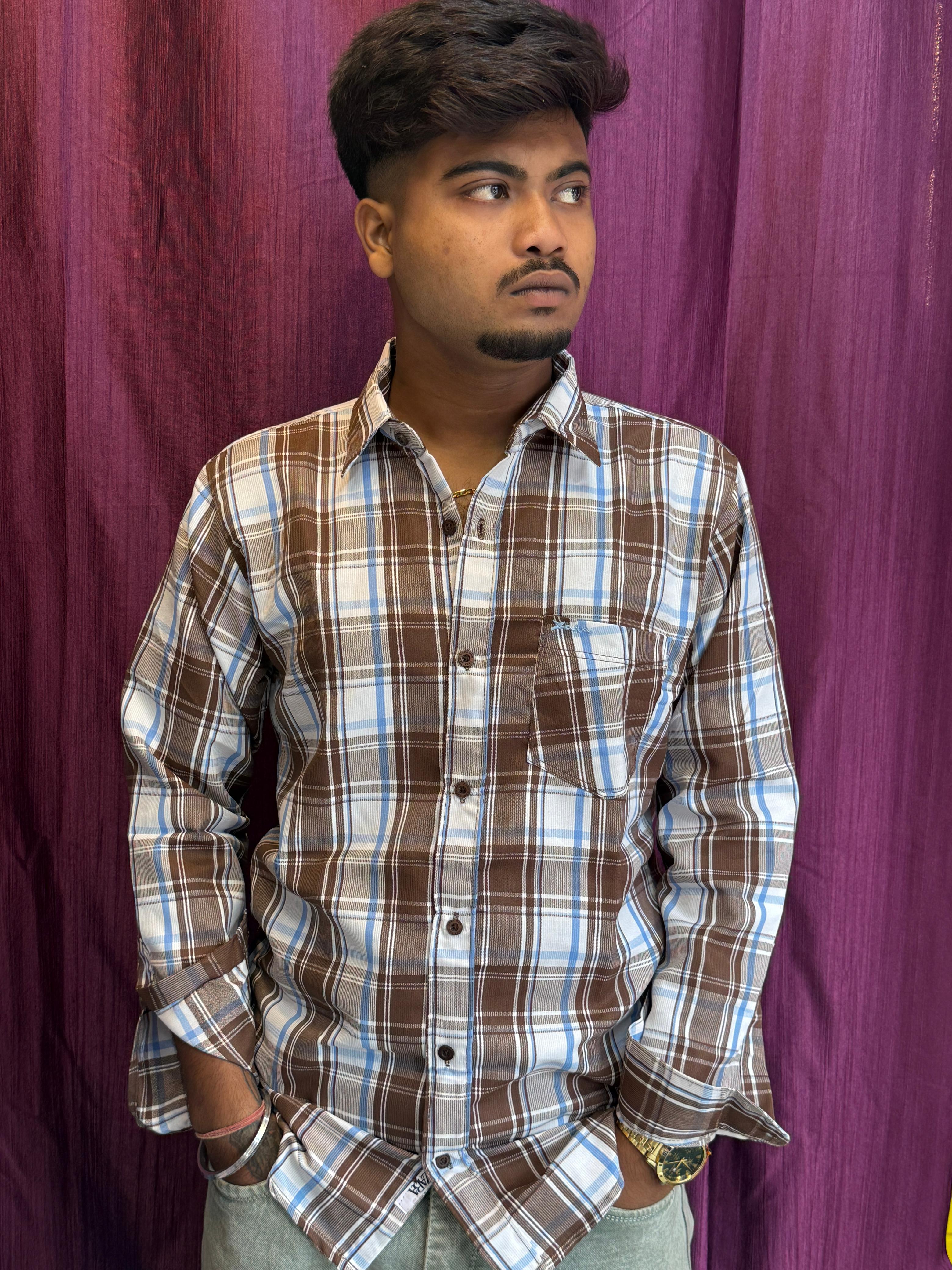 Trendy Men's Brown & Blue Checked Cotton Casual Shirt