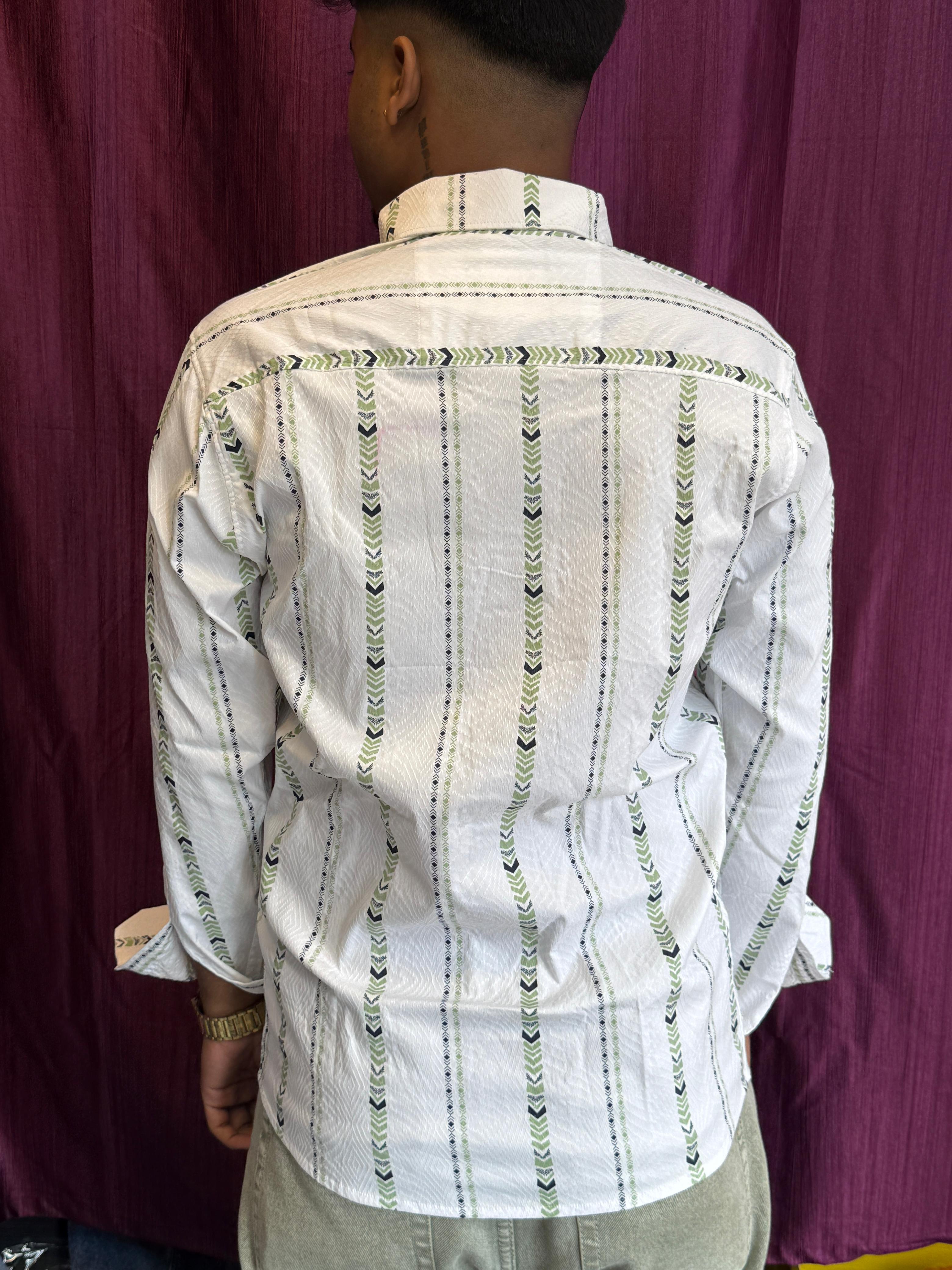 Elegant Men's White Striped Printed Cotton Blend Casual Shirt