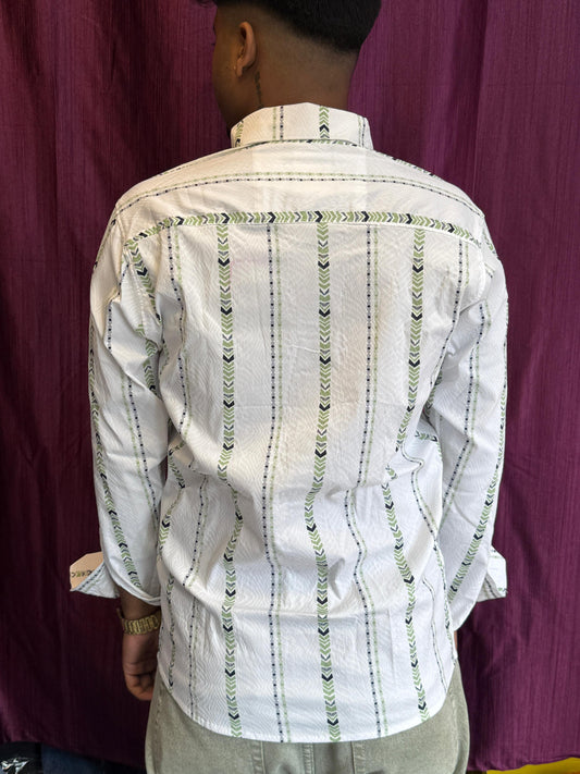 Elegant Men's White Striped Printed Cotton Blend Casual Shirt