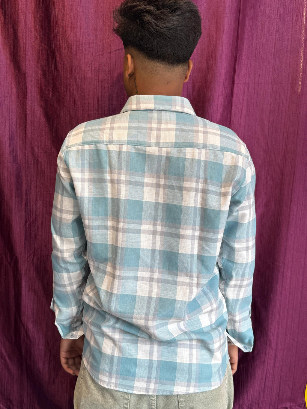 Men's Stylish Sky Blue & White Checkered Cotton Shirt