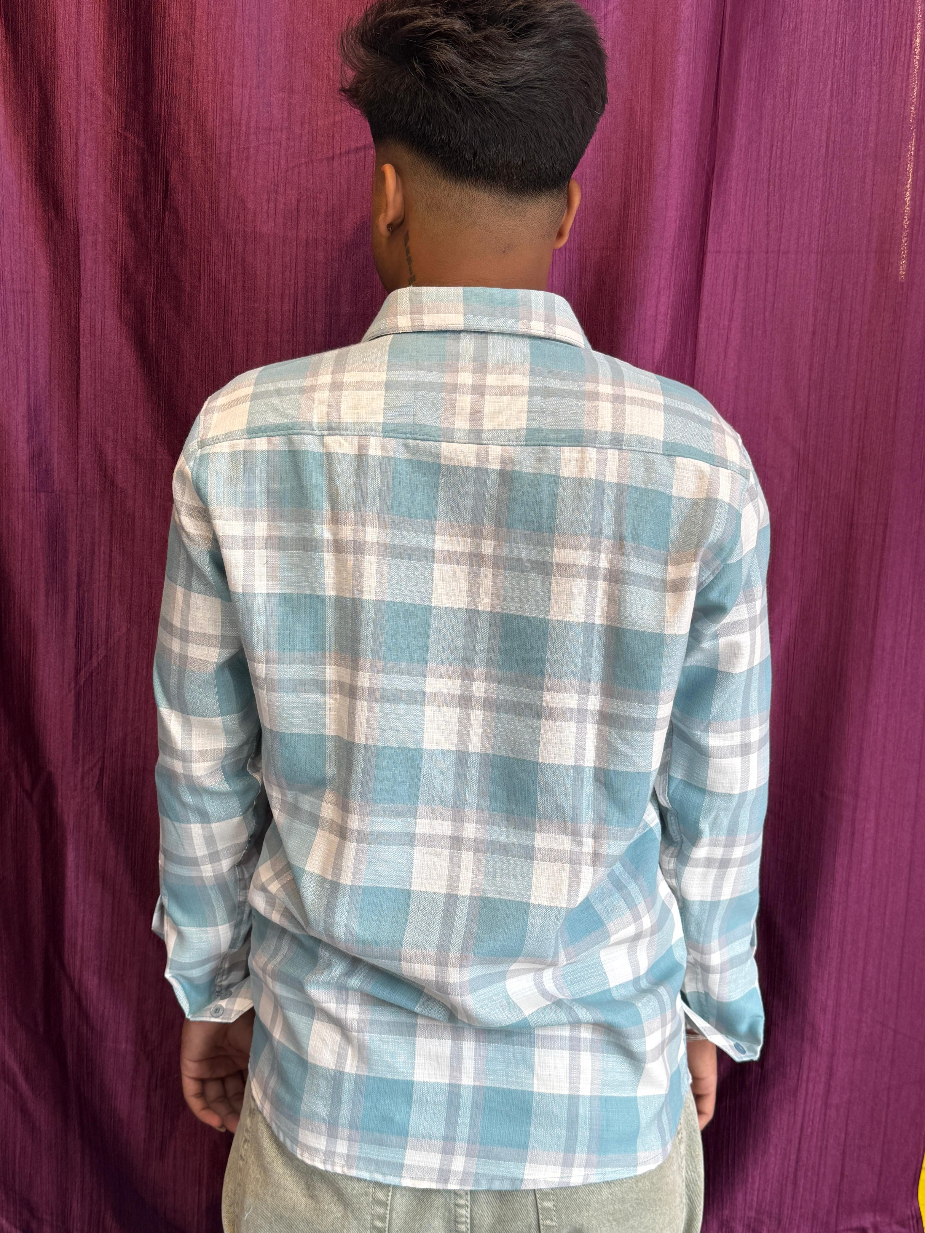 Men's Stylish Sky Blue & White Checkered Cotton Shirt
