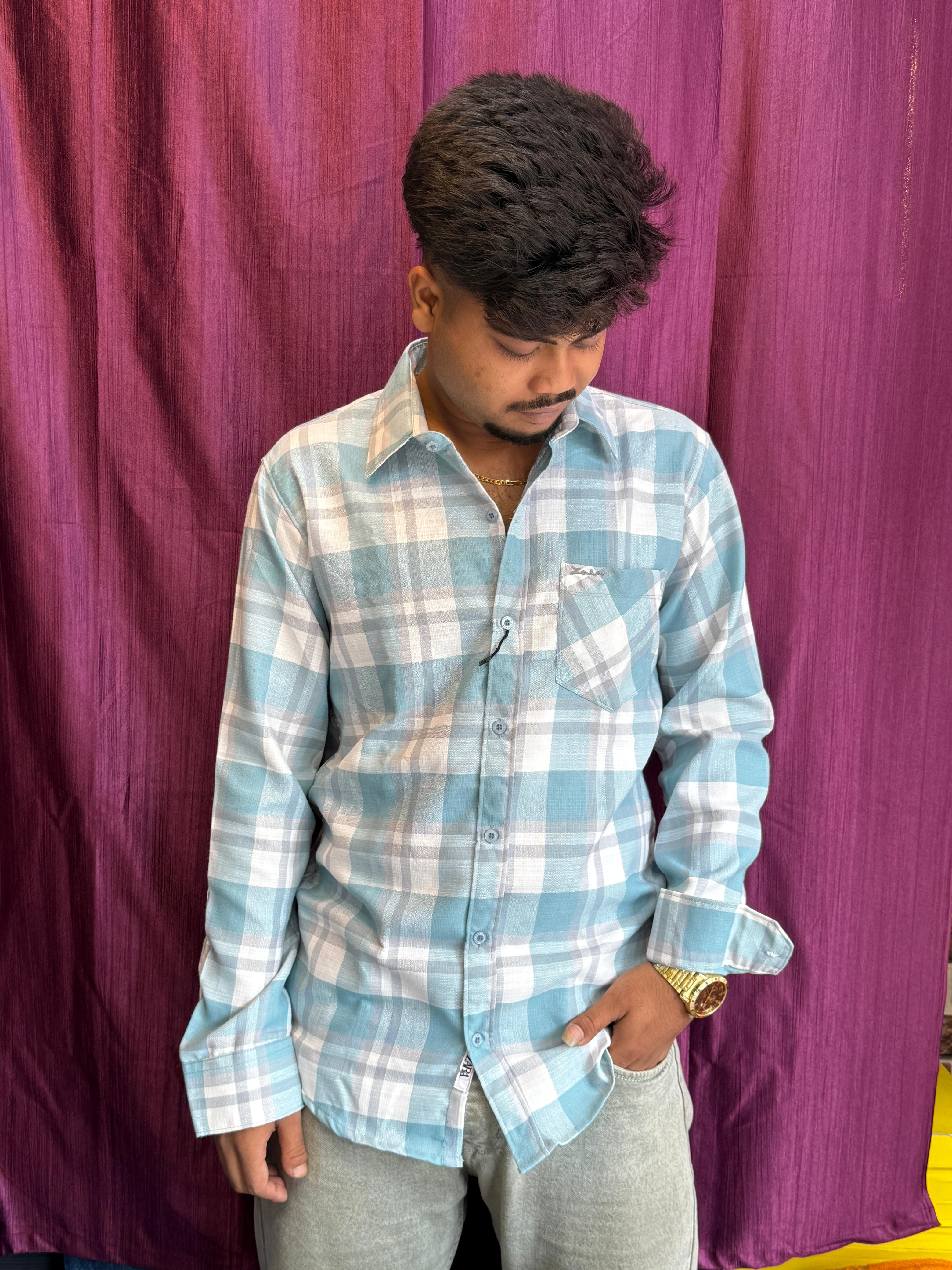 Men's Stylish Sky Blue & White Checkered Cotton Shirt