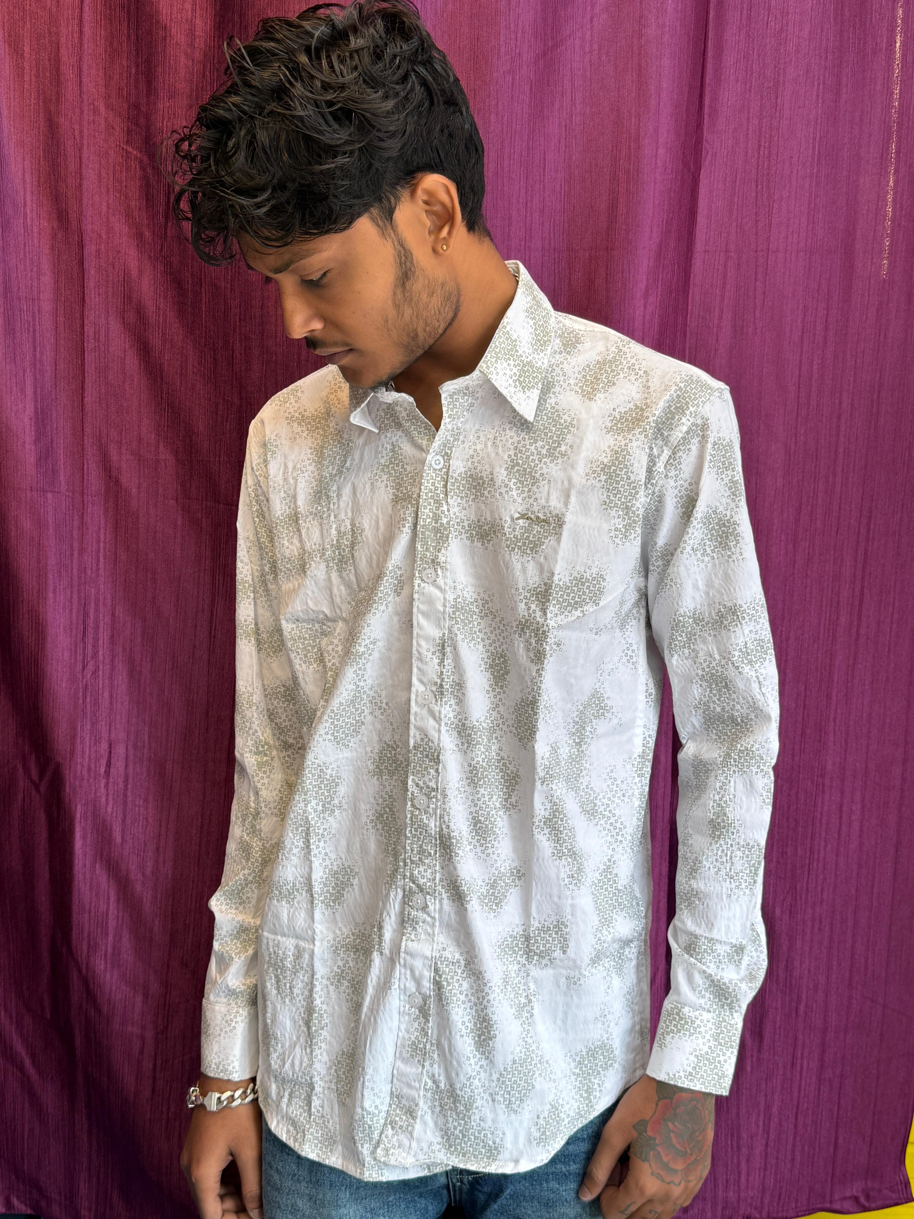 Men's Stylish White Printed Cotton Shirt – Full Sleeves