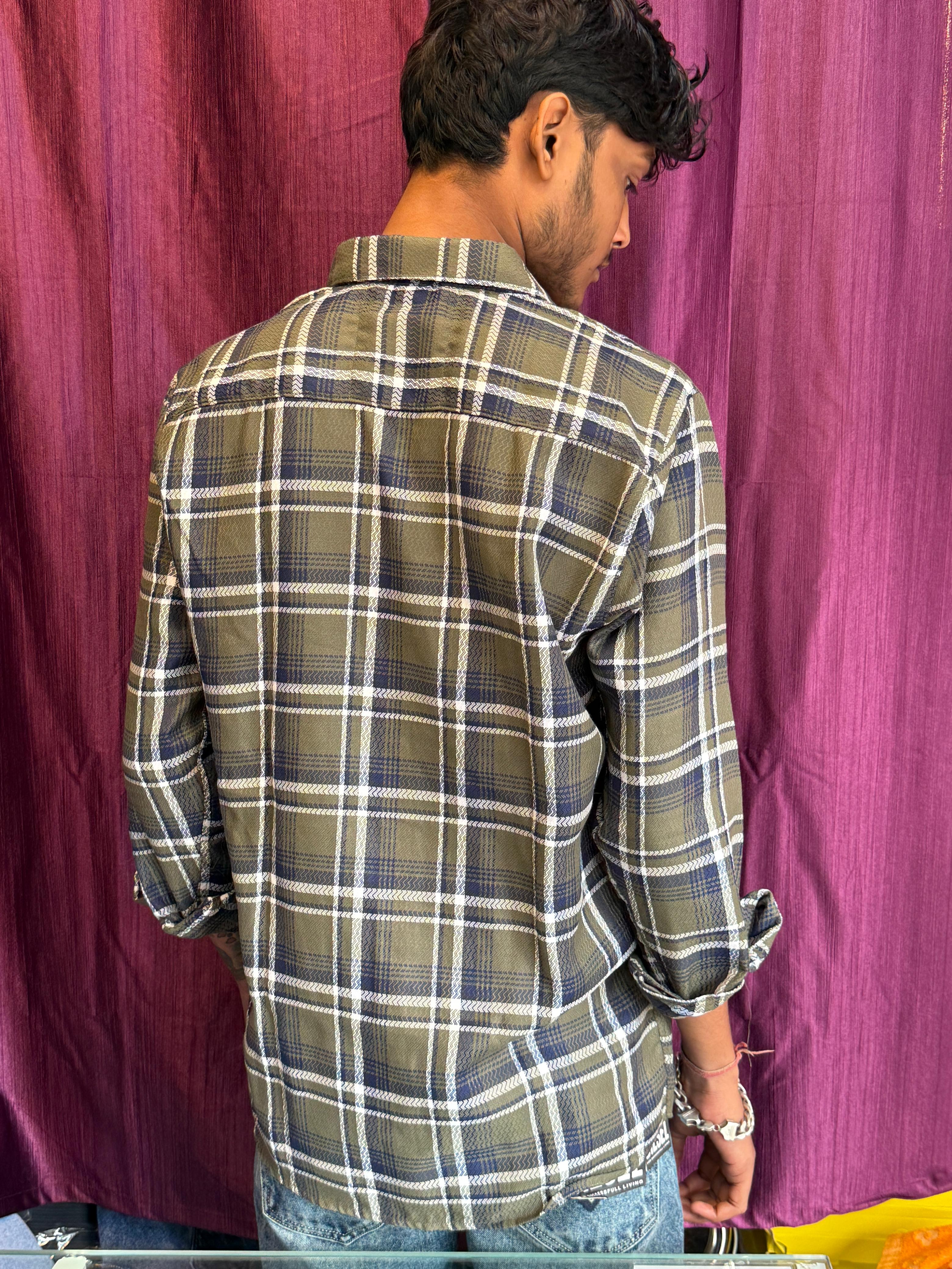 Trendy Men's Olive Green & Navy Checked Cotton Blend Shirt