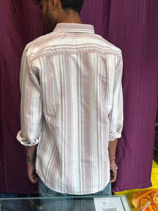 Elegant Men's White & Pink Geometric Stripe Printed Cotton Blend Shirt